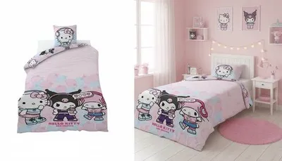Produktbild von Unyqoos® Hello Kitty Bettbezug Kuromi 140 x 200 cm, Kissenbezug 65 x 65 cm, rosé, 52% Baumwolle/48% Polyester, wendbar, Sanrio