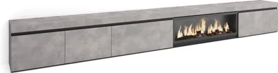 A long, modern TV cabinet with a built-in electric fireplace.