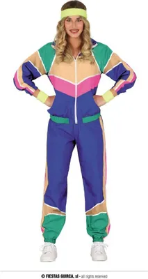 A woman is posing in a retro 80s tracksuit.