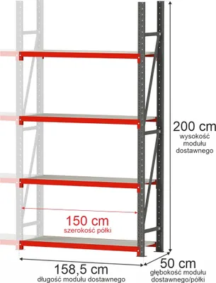 Zdjęcie produktu dla Regał metalowy magazynowy warsztatowy 4-półkowy Mega-M FORTIS 158,5x50x200 cm moduł dostawny 1800kg