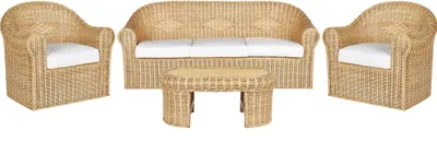 Produktbild von BELIANI 5-Sitzer Lounge Set Naturfarben Rattan Geflochten Sofa mit Couchtisch 2 Sesseln und Weißen Kissen Boho Möbel Outdoor Indoor Garten Terrasse