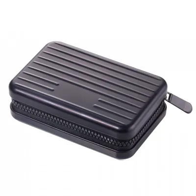 A black cardholder with a ribbed texture and a zipper closure is shown against a white background.