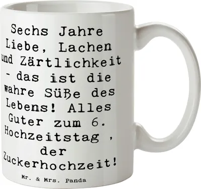 Produktbild von Mr. & Mrs. Panda cappuccinotasse Spruch 6. Hochzeitstag Zuckerhochzeit - Weiß - Geschenk, design tasse, Trinkbecher, Heiraten, Liebe, Teetasse, schöne, Hochzeitsjubiläum