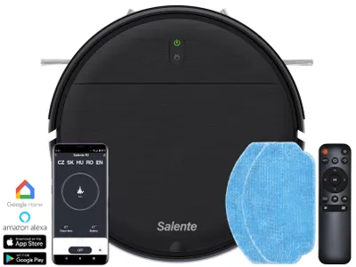 A black robot vacuum cleaner is displayed with its accessories and a smartphone showing its app interface.