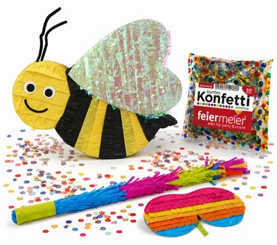 Produktbild von Pinata-Set | 4-tlg. mit Augenmaske, Schlagstock und Konfetti Farbe: "Glitzer Biene" | 42x39x7,5cm