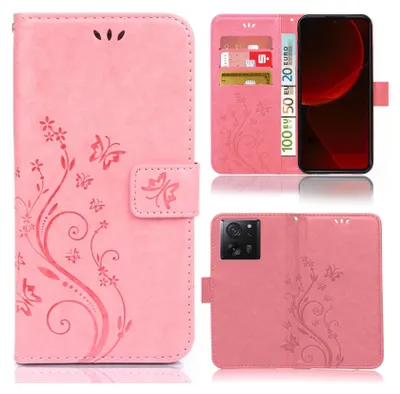 Produktbild von Handy Tasche für Xiaomi 13T / 13T Pro Schutz Hülle Handyhülle mit Blumenmuster Klapp Hülle mit Standfunktion und Kartenfächer Rosa