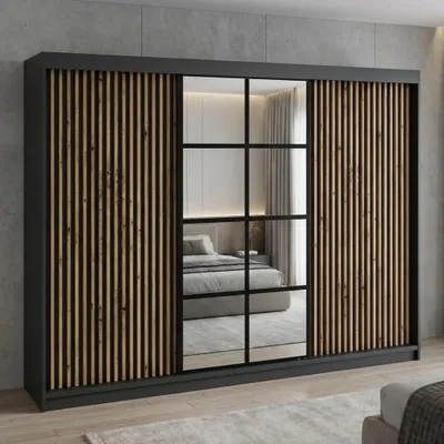 Produktbild von Schwebetürenschrank, 3-türig Schrank mit 4 Schubladen, und 3D-Lamellen. Kleiderschrank NORIVO 200 cm