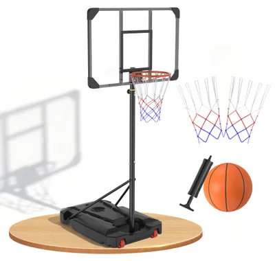 Image de QEENTOE : Panier de basket autoportant, réglable en hauteur de 150 à 260 cm, panneau arrière résistant aux chocs de 80x60 cm, base élargie, idéal pour les adolescents.