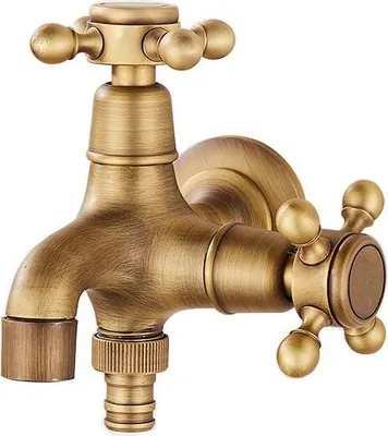 Obrázek produktu pro Vintage zahradní kohoutek z masivní mosazi k montáži na stěnu s dvojitým výtokem, přípojka na pračku, venkovní kohoutek, závit G1/2, jednoduchá hadice, přípojka studené vody - pro pračky