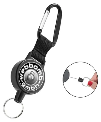Produktbild von Schlüsselhalter, Schlüsselrolle mit 70 cm Stahlkabel, Auswelter, Schlüsselring, Kartenhalter, Auswelter, ausziehbarer Schlüsselhalterriemen, Lanyard, Skipasshalter (schwarz mit Logo)