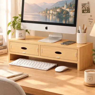 Produktbild von Monitorständer mit 2 Schubladen - Für Monitor und Laptop - Für Bildschirmgrößen von 33–61 cm - 47 × 18 × 11 cm