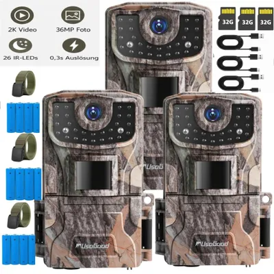 Image de Caméra de surveillance pour la faune et la chasse Usogood, 36 MP, 2K, avec détection de mouvement, étanche IP66, vision nocturne infrarouge pour une utilisation en extérieur, incluant une carte mémoire de 32 Go et une batterie
