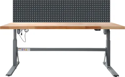 Produktbild von Höhenverstellbare Werkbank Giant Rhino mit Lochplatte | HxBxT 70-117x200x75cm | Traglast 300kg | Staubgrau/Anthrazitgrau