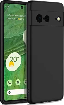 A black phone case is shown next to a smartphone displaying a green background with weather and calendar information.