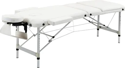 Produktbild von Mobile Massageliege 3 Zonen Klappbar Massagetisch mit Kopfstütze Armlehne Tragetasche höhenverstellbare Aluminium Massagebett tragbar inkl. Zubehör Massagebank bis 225 kg Belast Weiß