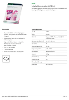 Imagen del producto de Funda para láminas Leitz 33807 - Formato A5, brillante, 125 micras, 100 unidades