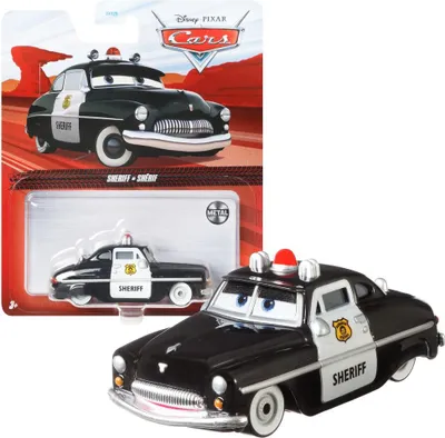 A toy police car from Disney Pixar's Cars franchise, displayed in its retail packaging.