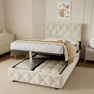 Produktbild von STILVORA Jugendbett 90 x 200 cm mit Bettkästen,Polsterbett mit Kopfteil & Lattenrost,Stauraumbett,Boxspringbett Beige,ohne Matratze