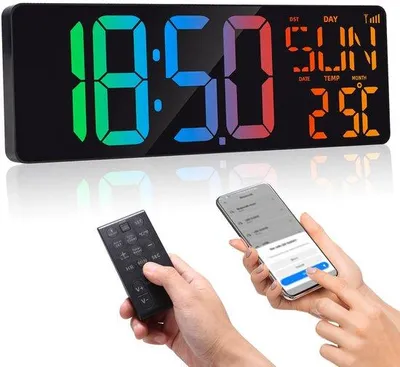 Image de Horloge murale numérique, 16,5 pouces, noire, pour le salon, avec télécommande / grand écran / date / jour de la semaine / température, affichage 24/12 heures, pour la chambre à coucher, la salle de sport, le bureau