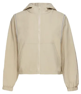 Produktbild von Damen Athleisure Jacke beige Größe L mit Kapuze und Reißverschluss vorne locker geschnitten langärmlig