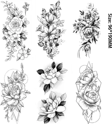 Produktbild von 6 Teile/los 3D Realistische Große Schwarze Rose Blume Temporäre Tattoos Für Frauen Körperkunst Arm Große Pfingstrose Geometrische Tattoo Aufkleber Erwachsene Gefälschte Wasserdichte Tatoo Beine Skizze Sexy Mädchen Pfirsichlilie,BK001+002+003+004+005+006