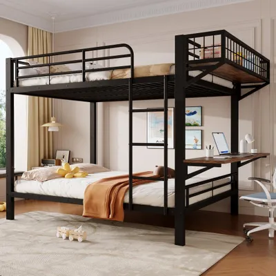 Produktbild von Etagenbett mit Schreibtisch, Metall-Etagenbett, Ohne Matratze, mit Staufach, Kinderetagenbett mit Leiter, mit Arbeitsplatz, 140x200cm, Schwarz