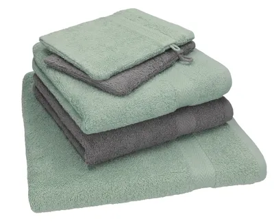 Produktbild von Betz 5 tlg. Handtuch Set SINGLE Pack 100% Baumwolle 1 Duschtuch 2 Handtücher 2 Waschhandschuhe farbe - heugrün - anthrazit grau  250804