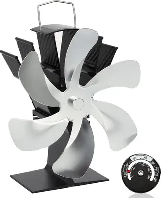 Produktbild von Kombigerät Luftreiniger, Heizlüfter Kaminofen, Kamin-Geschirrlüfter mit 6 Flügeln, für Holzofen, Werkstattherd, Pelletofen ohne Strom, silber