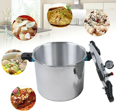 A pressure cooker is shown in the center, surrounded by circular images of various dishes, set against a kitchen background.