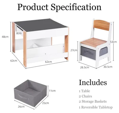 Imagen del producto de Mesa de madera para niños con 2 sillas, multifuncional, con compartimentos de almacenamiento, ideal para niños de 2 a 6 años, mesa de juegos
