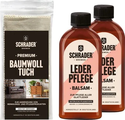 Produktbild von SCHRADER Lederpflege Set - Balsam und Poliertuch - für glatte Lederarten - farbneutral - 3-teilig - Germany