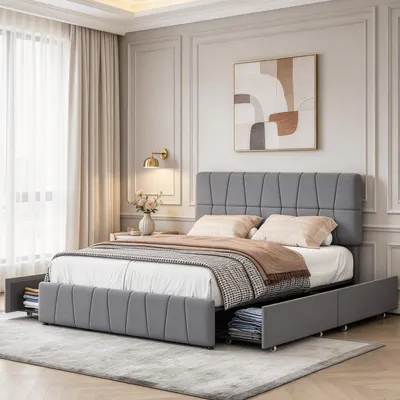 Obrázek produktu pro INONEFT Postel s úložným prostorem 160 x 200 cm, dvoulůžko se 4 zásuvkami, postel s úložným prostorem, rošt a čelo, samet, šedá barva