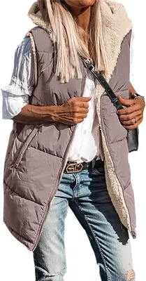Produktbild von ASKSA Damen Wendewesten aermellose Fleecejacke Reissverschluss Kapuzenpullover Lange Warme Wintermantel, Kamel, M