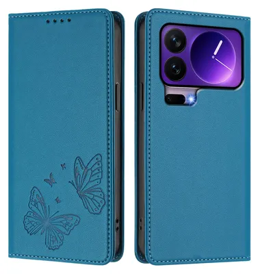 Produktbild von Lederhülle für Xiaomi 17 Pro, Schmetterling Prägung Leder Brieftasche Schutzhülle mit Ständer Blau