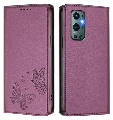 Obrázek produktu pro Kožené pouzdro pro OnePlus 9 Pro, motýlí ražbou, peněženkové flip pouzdro se stojánkem Fialová