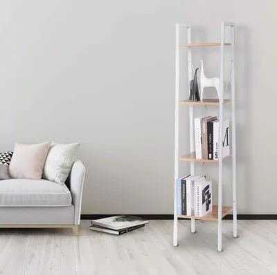 Produktbild von WOLTU RGB9284whe Stojaci regál Kúpeľňový regál Regál na knihy Kuchynský regál z dreva a ocele, so 4 policami, 34x35x148 cm, biely + svetlý dub