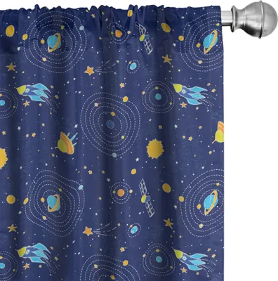 Obrázok produktu pre ABAKUHAUS Platz Záclony, závesy, Netter Galaxy Shooting Stars Planety Detské vesmírne lode Kométy Mesiac Detská fantázia, 2 kusy 75 x 245 cm, oranžová a tmavomodrá
