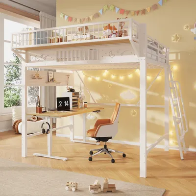 Image de Lit superposé Flieks 140x200 cm avec étagère et panneau perforé, lit superposé en métal avec échelle, lit pour enfant/adolescent avec sommier à lattes, lit superposé blanc
