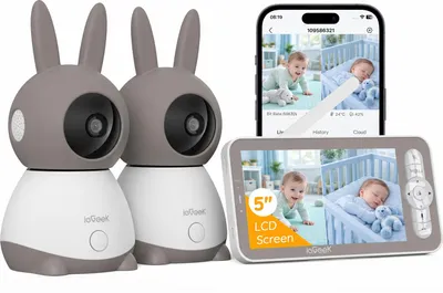 Productafbeelding van Babyfoon met 2 camera's, 355° panorama, 5-inch scherm met automatische tracking, geluidsdetectie en tweewegcommunicatie