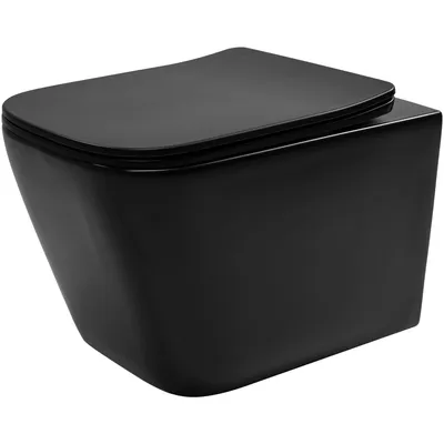 A black wall-mounted toilet with the lid closed, shown from a three-quarter angle against a white background.