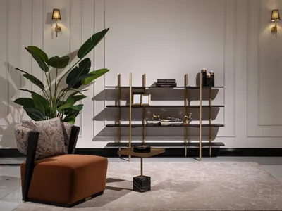 Produktbild von Garnitur Sessel Stoff Beistelltische Regale Set 4tlg Wohnzimmer Orange