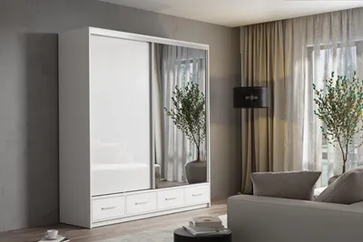 Produktbild von Krudox LOP Kleiderschrank Schiebetür Weiß 200x245x62 cm mit Spiegel 7 Schubladen 2 Kleiderstangen Schlafzimmer Mehrzweckschrank