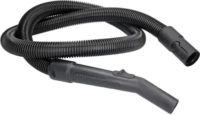 A black vacuum cleaner hose with a handle and a connector piece, laid out on a white background.