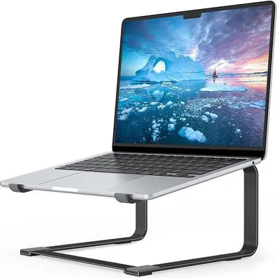 Obrázek produktu pro Uniqoos® Kovový stojan na notebook – stabilní a ergonomický držák pro notebooky o velikosti 12–17,3 palců, zvedá obrazovku o 6 palců, s protiskluzovou úpravou, černý