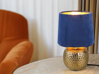 Produktbild von Reality Sophia Tischleuchte E14 ⌀16cm Goldfarbig Samtschirm Blau