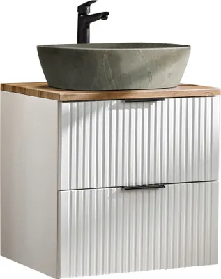 Produktbild von Badmöbel Waschtisch Unterschrank Set 60 cm matt weiß mit Wotaneiche, 2 Softclose Schubkästen, Keramik-Waschbecken Betonoptik