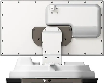 The back view of a satellite dish with a stand.
