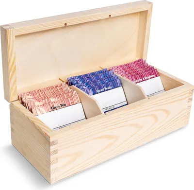 Image de Creative Deco Boîte à Thé en Bois Non Peint 22 x 9 x 7,5 cm - 3 Compartiments