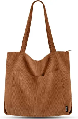 Productafbeelding van Unyqoos® Dames Shopper Tas – Grote stoffen schoudertas, 45 x 40 x 11 cm, bruin, met een hoofdvak met rits, een voorvak met magneetsluiting en 3 binnenvakken, ideaal voor school, werk en reizen
