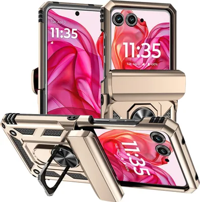 Produktbild von Hülle für Motorola Razr 50 / razr 2024 Hybrid Schutzhülle mit Ring Kickstand und Scharnierabdeckung Gold